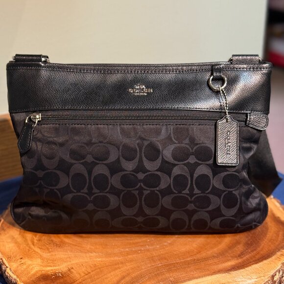 Coach Handbags - Coach Demi Bag Signature Jacquard Crossbody Black Leather Trim Silver Hardware